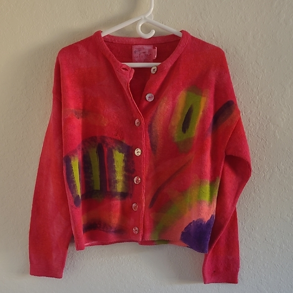 Sloop Jones Abstract Hot Pink Green Women's Cardigan. Hand Painted. Oversized. - Picture 5 of 16